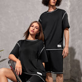 Manfinity Unisex 1 Pieza De Camiseta Holgada Con Detalles De Parches De Contraste Y 1 Pieza De Conjunto De Pantaloncillos Deportivos