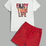 Manfinity Chillmode Hombres Camiseta algodon con estampado de slogan & Shorts de cintura con cordon