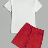 Manfinity Chillmode Hombres Camiseta algodon con estampado de slogan & Shorts de cintura con cordon