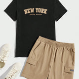 Manfinity Hypemode Hombres Camiseta con estampado de letra & Shorts con bolsillo con solapa