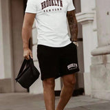 Manfinity Sporsity Hombres con estampado de letra Camiseta & de cintura con cordon Shorts