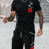 Manfinity Homme Hombres con estampado floral con slogan Camiseta & de cintura con cordon Shorts