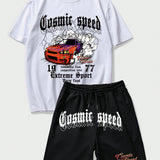 ROMWE Street Life Camiseta Grafica Para Hombre Con Dibujo De Coches Y Letras & Pantalones Cortos Con Cintura Con Cordon