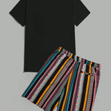 Manfinity Homme Hombres con estampado geometrico de rayas Camiseta & de cintura con cordon Shorts