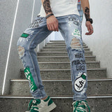 Manfinity EMRG Hombres Jeans con estampado de slogan desgarro crudo