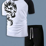 Manfinity LEGND Hombres con estampado de dragon de dos tonos Camiseta & de cintura con cordon Shorts