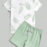 Manfinity Chillmode Hombres Camiseta con estampado tropical & Shorts de cintura con cordon