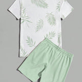 Manfinity Chillmode Hombres Camiseta con estampado tropical & Shorts de cintura con cordon