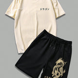 Manfinity Homme Hombres con estampado de letra japonesa Camiseta & con estampado de dragon de cintura con cordon Shorts