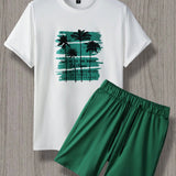 Manfinity Hypemode Hombres con estampado tropical con slogan Camiseta & de cintura con cordon Shorts