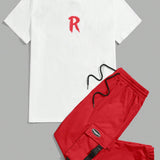 Manfinity Hypemode Hombres Camiseta con estampado de letra & Pantalones cargo de cintura con cordon