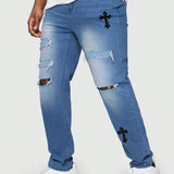 ROMWE Goth Hombres Jeans desgarro cruzado con estampado