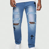 ROMWE Goth Hombres Jeans desgarro cruzado con estampado