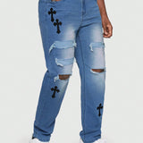 ROMWE Goth Hombres Jeans desgarro cruzado con estampado