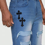 ROMWE Goth Hombres Jeans desgarro cruzado con estampado