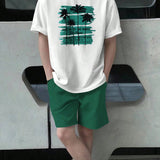 Manfinity Hypemode Hombres con estampado tropical con slogan Camiseta & de cintura con cordon Shorts