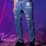 BATMAN X  Hombres Jeans de pierna recta con estampado de letra desgarro crudo