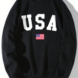 Talla grande Pullover termico con estampado de bandera estadounidense y letra