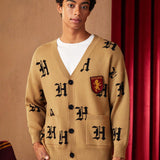 HARRY POTTER X  Hombres Cardigan con patron de letra con doble bolsillo de hombros caidos