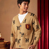 HARRY POTTER X  Hombres Cardigan con patron de letra con doble bolsillo de hombros caidos