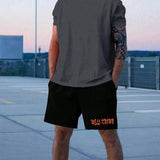Manfinity LEGND Hombres talla grande Shorts con camiseta de hombros caidos con estampado de letra