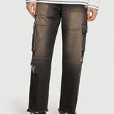 ROMWE Street Life Hombres Jeans cargo desgarro ribete crudo con bolsillo lateral con solapa