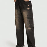 ROMWE Street Life Hombres Jeans cargo desgarro ribete crudo con bolsillo lateral con solapa