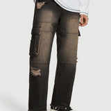 ROMWE Street Life Hombres Jeans cargo desgarro ribete crudo con bolsillo lateral con solapa