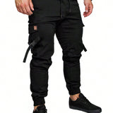 Manfinity Homme Hombres Pantalones cargo con bolsillo con solapa con diseno con hebilla de cintura con cordon