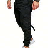 Manfinity Homme Hombres Pantalones cargo con bolsillo con solapa con diseno con hebilla de cintura con cordon