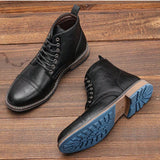 Botas de trabajo retro para hombres con punta redonda, tacon grueso, base de color dual, parche de goma en el empeine y suela de remiendo AL633