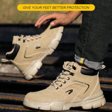 Botas De Trabajo Para Hombres De Piel Sintetica Nubuck Con Puntera De Acero, Calzado Antideslizante Para Excursionismo Y Construccion A Prueba De Agua E Irrompible En Color Caqui