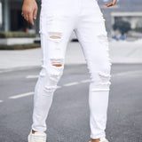 Manfinity LEGND Hombre Algodon Rasgado Desgastado Vaqueros Ajustados con ajuste delgado, pantalon largo de jean blanco liso estilo cargo para ocasiones tanto de oficina como casuales para esposo