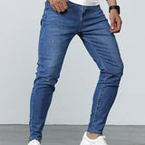 Manfinity Homme Jeans ajustados lavados largos para hombre, de color azul plano y estilo basico de trabajo de carga, esposo