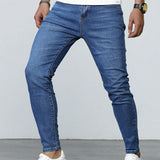 Manfinity Homme Jeans ajustados lavados largos para hombre, de color azul plano y estilo basico de trabajo de carga, esposo