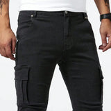 Manfinity LEGND Jeans de mezclilla solidos para hombres con ajuste delgado con bolsillos de solapa, estilo holgado y largo, lavado en negro liso para salir, Hip Hop Rapero