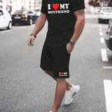 Manfinity Homme Hombres Camiseta con estampado de corazon y slogan con pantalones cortos con cintura con cordon