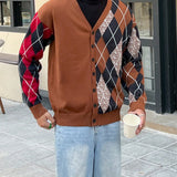 Manfinity Sporsity Sudadera De Cardigan Para Hombre Con Patron De Rombos Y Cuadros De Parches Con Botones Frontales