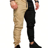 Manfinity Homme Pantalones De Carga Sueltos Con Cintura Ajustable Y Cordon En Dos Tonos Para Hombre