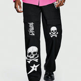 ROMWE Goth Hombres Pantalones con estampado de craneo y letra con bolsillo con solapa