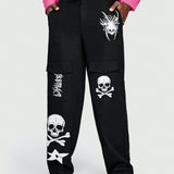 ROMWE Goth Hombres Pantalones con estampado de craneo y letra con bolsillo con solapa