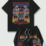 ROMWE Street Life Conjunto De Dos Piezas Para Hombre: Camiseta De Calavera Y Coco Con Pantalones Cortos Con Cintura Con Cordon