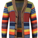 Cardigan Con Botones Y Cuello Chal A Rayas Con Bloques De Color Para Hombre