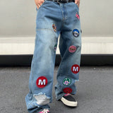 Manfinity EMRG Jeans De Pierna Ancha Para Hombre Con Parches Y Efecto Desgastado