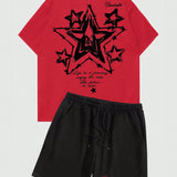 ROMWE Street Life Conjunto De Camiseta De Manga Corta Y Pantalones Cortos Con Estampado De Estrellas Y Lema, Con Hombros Caidos Para Hombres