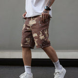 Streetrush Bermudas de Jean para hombre con impresion grafica, bolsillos oblicuos, corte holgado, estampado de camuflaje, color vino tinto, moda callejera de salidas y rap