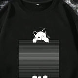 Sudadera Con Hombro Caido Para Hombres Con Impresion De Gato Y Letra