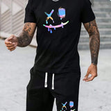 Manfinity LEGND Hombres Camiseta con estampado de dibujos animados & Shorts de cintura con cordon