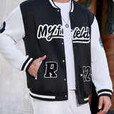 Manfinity Chaqueta De Beisbol Para Hombre De Talla Grande Con Estampado De Letras Y Detalle De Bolsillo Y Lateral En Contraste