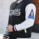 Manfinity Chaqueta De Beisbol Para Hombre De Talla Grande Con Estampado De Letras Y Detalle De Bolsillo Y Lateral En Contraste